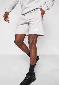 Ανοιχτό γκρι σορτς με ελαστική μέση, πλαϊνές τσέπες και κεντημένο λευκό λογότυπο Adidas. Φοριέται με μαύρες κάλτσες και παπούτσια με αγκίστρια.