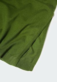 Pull en tricot vert à la texture douce. Comprend un col arrondi et des poignets et ourlet côtelés. Présente un motif de tricot lisse et uniforme.