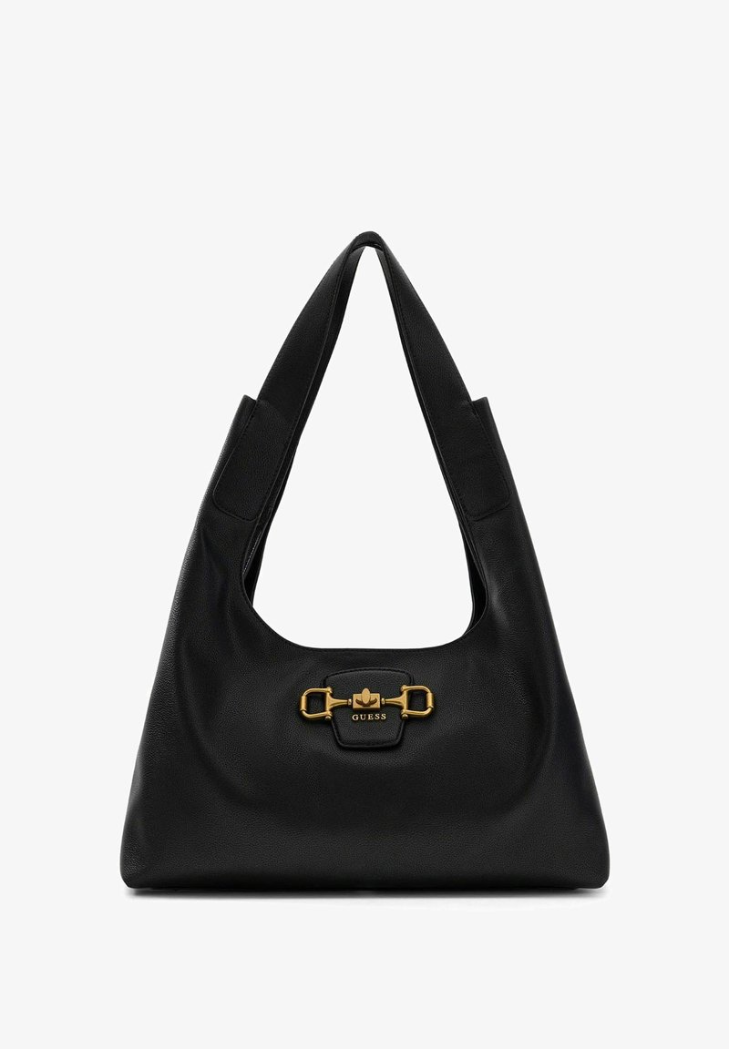 Sac à bandoulière en cuir noir avec une large sangle et un détail mors doré, avec un petit logo "Guess" sur le panneau central avant.