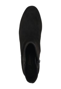 Bottillon en daim noir avec bout arrondi et fermeture éclair sur le côté, vu d'en haut sur un fond blanc.