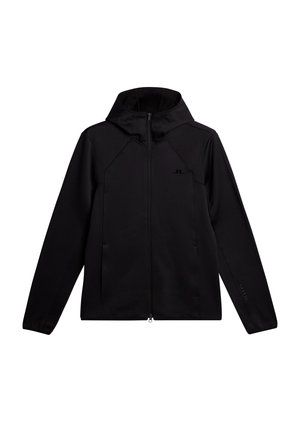 Zwarte zip-up hoodie met een hoge kraag, capuchon en contrasterende stiksels. Gemaakt van soepele stof met een minimalistisch ontwerp en zijzakken.