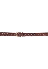 Bruine geweven riem met diamantpatroon en zilverkleurige hardware. Heeft een traditionele metalen gesp en leren accenten.