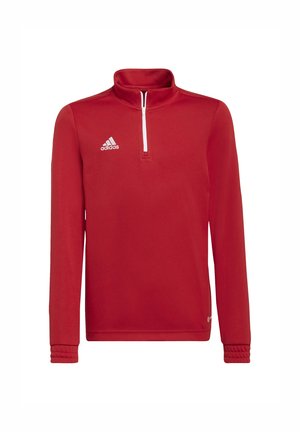 Pullover rosso con collo alto, zip a un quarto e maniche lunghe. Presenta un logo bianco e polsini a coste. Realizzato in un tessuto liscio.