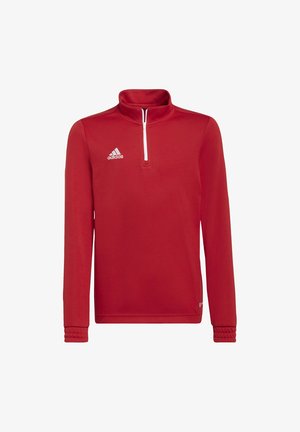 Roter Pullover-Sweatshirt mit hohem Kragen, Viertelreißverschluss und langen Ärmeln. Verfügt über ein weißes Logo und gerippte Bündchen. Hergestellt aus einem glatten Stoff.