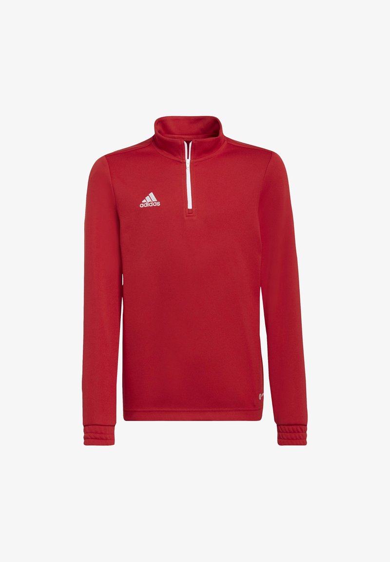Pullover rosso con collo alto, zip a un quarto e maniche lunghe. Presenta un logo bianco e polsini a coste. Realizzato in un tessuto liscio.