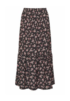 Zwarte midi-rok met kleine roze en witte bloemenprint, elastische tailleband en een geraffineerde laag vlak bij de zoom.