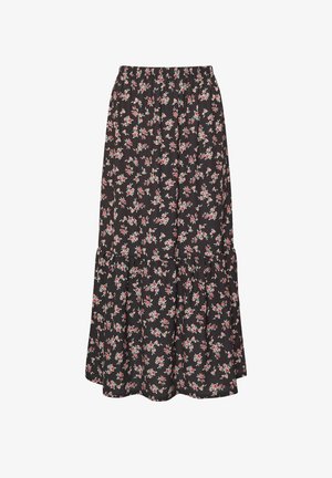 Zwarte midi-rok met kleine roze en witte bloemenprint, elastische tailleband en een geraffineerde laag vlak bij de zoom.