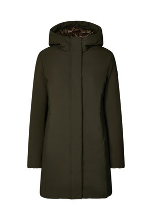 Abrigo aislante de color verde oliva con capucha, de corte recto, cierre frontal con cremallera y bolsillos laterales. Exterior suave con un forro interior suave.