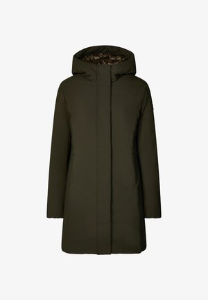 Abrigo aislante de color verde oliva con capucha, de corte recto, cierre frontal con cremallera y bolsillos laterales. Exterior suave con un forro interior suave.