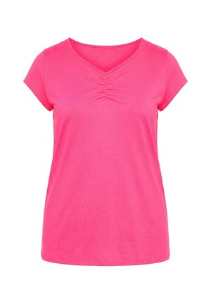 Haut pour femmes rose vif à manches courtes et col en V, avec un détail froncé au centre du décolleté.