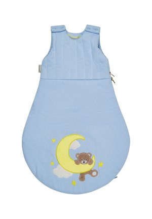 Baby blue sleep sack with yellow crescent moon, stars, clouds, and teddy bear embroidery on the front, featuring snap straps and side zippers.