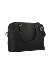 Musta synteettinen käsilaukku, jossa on teksturoitu pinta, kaksinkertaiset kahvat, irrotettava olkahihna ja vetoketjukiinnitys, jossa on kultasävytteinen brändäys.