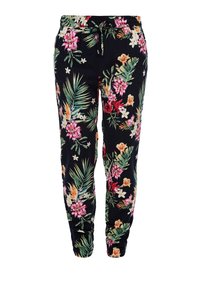 Blommiga joggerbyxor i svart med livliga rosa, orange och vita blommor samt gröna blad; elastisk midja och muddar för komfort.