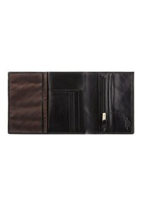 Portafoglio in pelle nera con più scomparti per carte, una tasca con zip e un interno foderato con un motivo logo discreto.