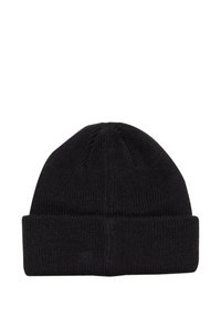 Czarna wełniana czapka beanie z podwiniętym mankietem, ryżowym wzorem i zaokrągloną górą. Wykonana z miękkiego, ciepłego materiału dla komfortu i izolacji.