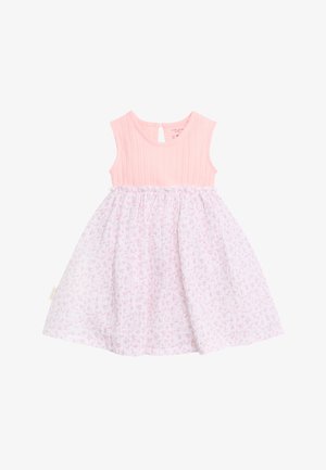 Vestido sin mangas para niño pequeño con corpiño plisado rosa y falda blanca recogida con un delicado patrón floral rosa, cierre con botones en la parte trasera.