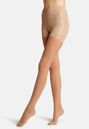 Collant nudo fino alla caviglia con una texture liscia e trasparente e una vita elastica, caratterizzati da un design a metà coscia e una banda più densa nella parte superiore.