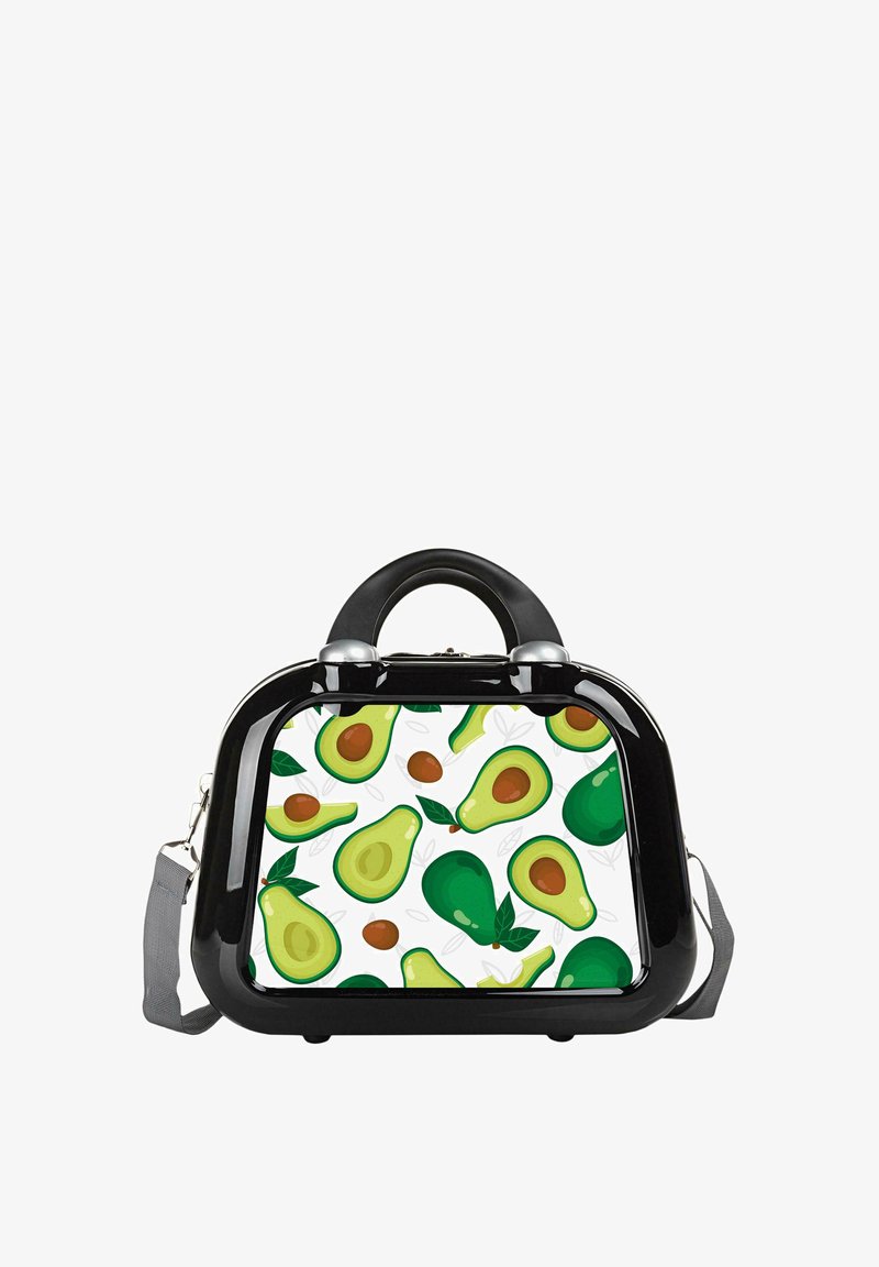 Bolso de mano negro con un acabado brillante que presenta un patrón de aguacate sobre un fondo blanco. Incluye una correa de hombro gris desmontable.