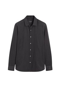 Zwarte lange mouwen shirt van katoen. Voorzien van een klassieke kraag, knoopsluiting aan de voorkant, en knoopmanchetten met subtiele textuur en glans.