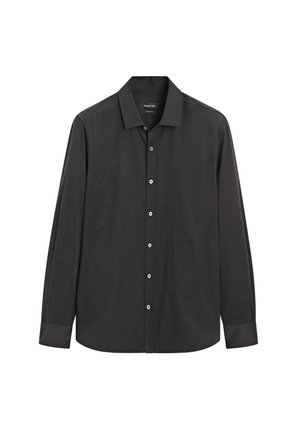 Maglietta a maniche lunghe nera in cotone. Presenta un colletto classico, chiusura con bottoni e polsini abbottonati con una sottile texture e lucentezza.