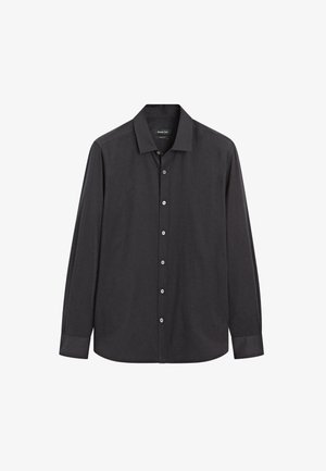 Black long-sleeve shirt made of cotton. Features a classic collar, button front, and buttoned cuffs with subtle texture and sheen.