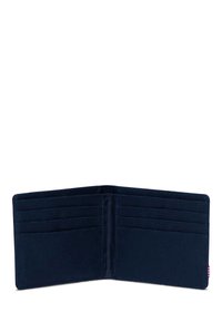 Portafoglio blu navy con finitura testurizzata. Presenta diversi scomparti per carte e un comparto centrale per banconote o monete.