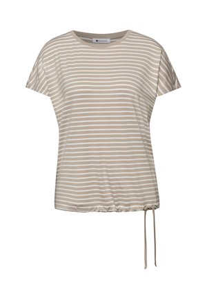 Haut à manches courtes rayé horizontal beige et blanc avec encolure rond et ourlet réglable par cordon sur le côté droit.