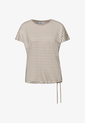 Beige-witte horizontale gestreepte top met korte mouwen, ronde halslijn en verstelbaar tunnelkoord aan de rechterzijde.