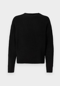 Suéter negro de punto con cuello redondo, mangas largas y textura acanalada. Diseño simple, material grueso y corte ligeramente holgado.