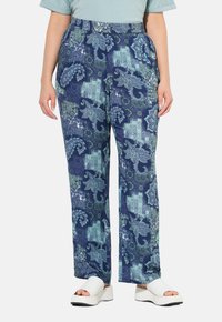 Lichte, gebloemde broek in marineblauw en groen, met een relaxte pasvorm, elastische tailleband en intrigerende bloemmotieven.