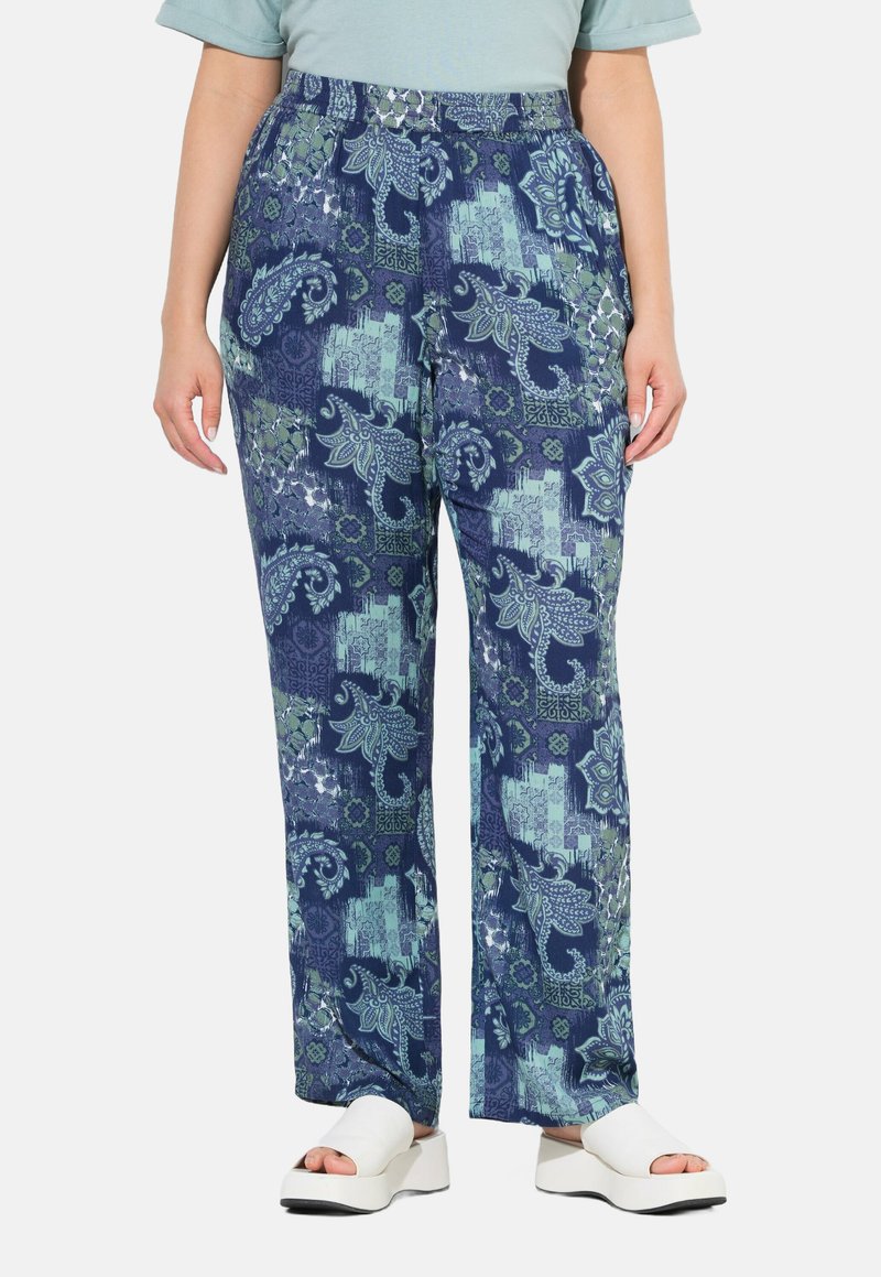 Lichte, gebloemde broek in marineblauw en groen, met een relaxte pasvorm, elastische tailleband en intrigerende bloemmotieven.