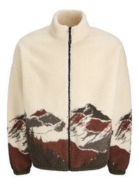 Jachetă din fleece de culoare crem cu guler înalt și fermoar întreg. Prezintă un model de peisaj montan în nuanțe de maron, gri și roșu la tiv.