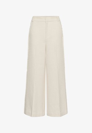 Krémové široké nohavice z textúrovaného materiálu s opaskovými očkami a predným švom.