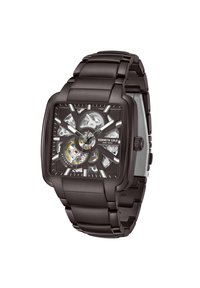 Reloj automático cuadrado con caja y pulsera de metal negro. La esfera clara revela el mecanismo interno, con acentos plateados y marcadores de hora luminosos.