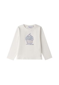 Camisa de algodón blanca de manga larga con un gráfico de cupcake en azul y rosa, que presenta el texto "dulce y delicioso" debajo. Cuello redondeado.