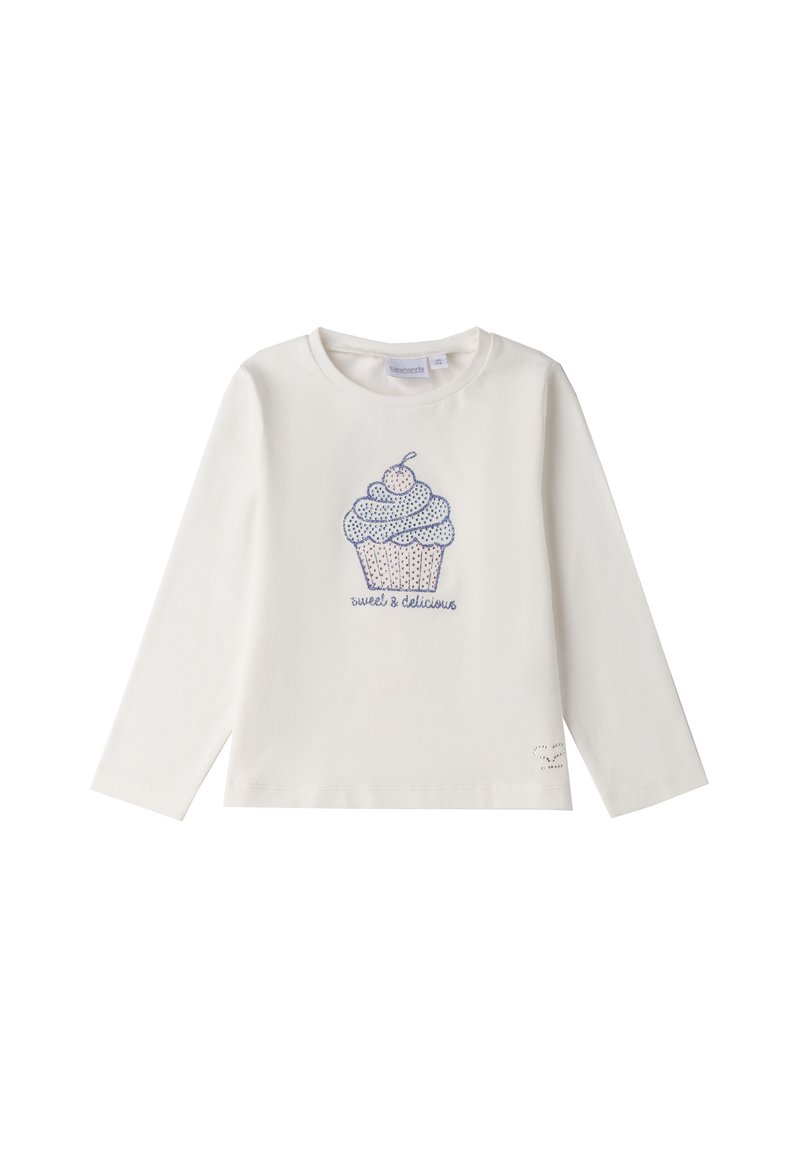Camisa de algodón blanca de manga larga con un gráfico de cupcake en azul y rosa, que presenta el texto "dulce y delicioso" debajo. Cuello redondeado.