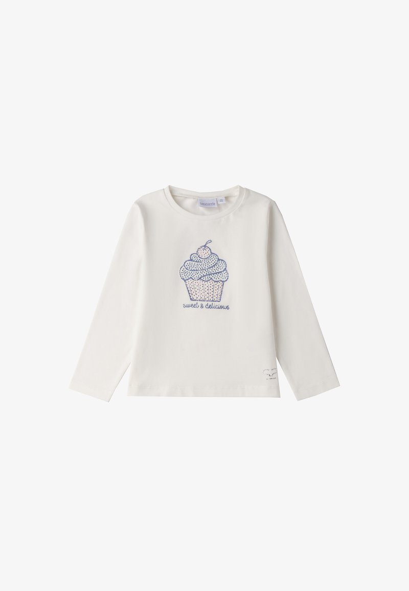 Camisa de algodón blanca de manga larga con un gráfico de cupcake en azul y rosa, que presenta el texto "dulce y delicioso" debajo. Cuello redondeado.