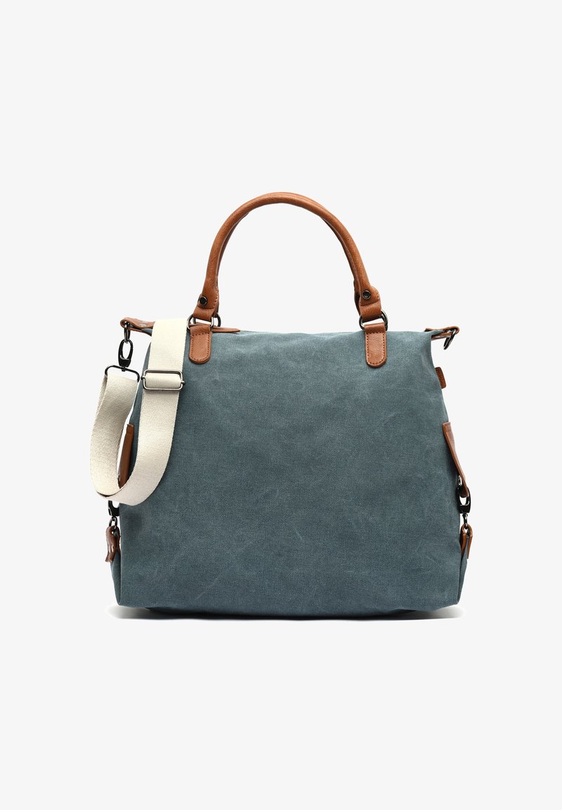 Borsa a tracolla verde in canvas con dettagli in pelle marrone, manici doppi e tracolla rimovibile. Texture liscia e forma strutturata.
