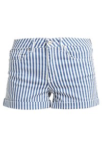 Modré a bílé pruhované denimové šortky s ohrnutým lemem, dvěma předními kapsami a uzavíráním na knoflík vpředu. Standardní design se pěti kapsami.
