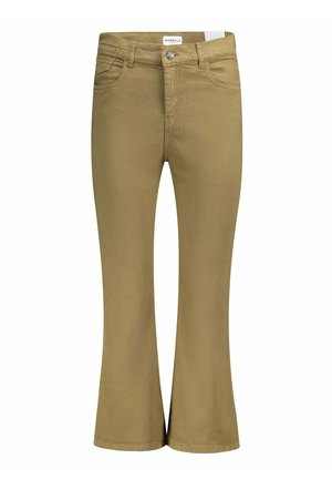 Flared broek in khaki groen met een gladde, gestructureerde afwerking. Heeft vijf zakken en een knoopsluiting aan de voorkant. Gemaakt van rekbare stof.