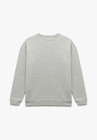 Szara bawełniana bluza z okrągłym dekoltem, długimi rękawami i ściągaczami. Materiał ma miękkie, teksturowane wykończenie.