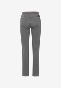 Pantalons en denim gris avec une taille haute élastique, dotés de deux poches arrière et d'une coupe droite. Texture lisse, détails de couture minimaux.
