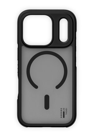 Schwarze und graue Schutzhülle für das Telefon mit großem Kameraausschnitt, rundem MagSafe-kompatiblem Design und "Ideal of Sweden"-Markenaufdruck.