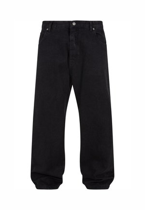 Svarte denim bukser med avslappet passform, med knappestancode, fem lommer og kontraststingdetaljer.