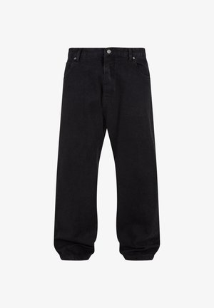 Mustad denim püksid, millel on mugav lõige, nupu sulgemine, viis taskut ja kontrastsed õmblused.