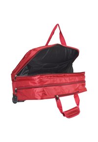 Red wheeled travel bag made of durable fabric, featuring a spacious interior, two zippered compartments, and dual carrying handles.