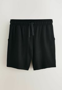 Black cotton blend shorts with an elasticated waistband, drawstring detail, and side pockets. Smooth texture and mid-thigh length.