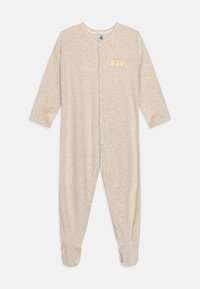 Beige bomuldsheldragt med lange ærmer, trykknapper og tre gule and-applikationer på brystet. Blød tekstur, design med lukkede fødder.