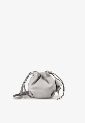 Gray leather drawstring bucket bag with adjustable shoulder strap and decorative knots on white background.