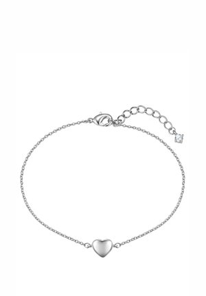 Pulsera delicada de cadena de plata con un colgante suave en forma de corazón en el centro y cierre ajustable con pequeño colgante decorativo.